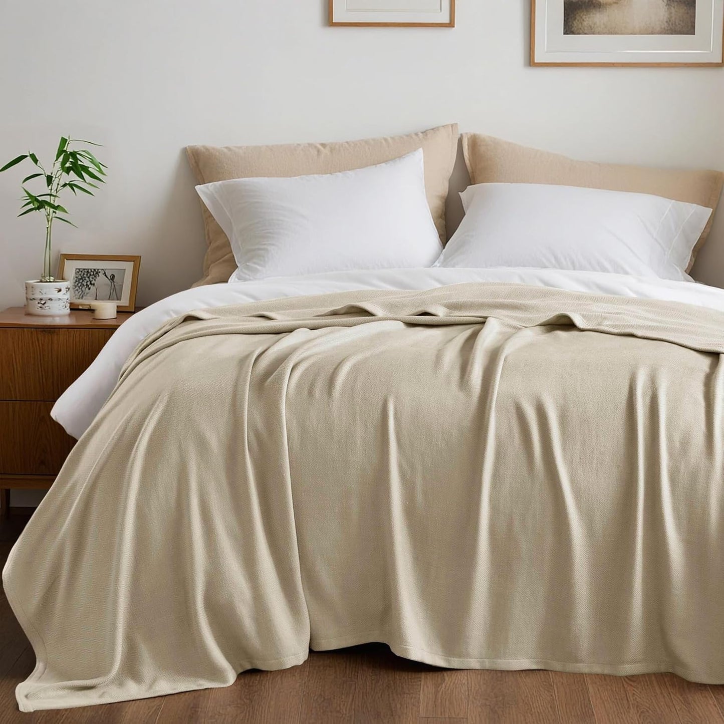 Twin Size Blanket, 70% Rayon (Derived from Bamboo) and 30% Cotton, Lightweight Jacquard Weave, Breathable and Soft Summer Blanket for Bed or Couch, 66” x 90”, Khaki