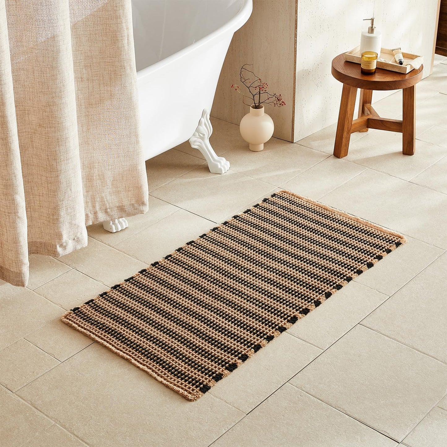 Waffle Bath Mat, Boho Bathroom Rugs Non Slip Washable Super Absorbent Quick Dry Bath Mat Farmhouse Bathroom Decor, 48"x24" Black and Khaki