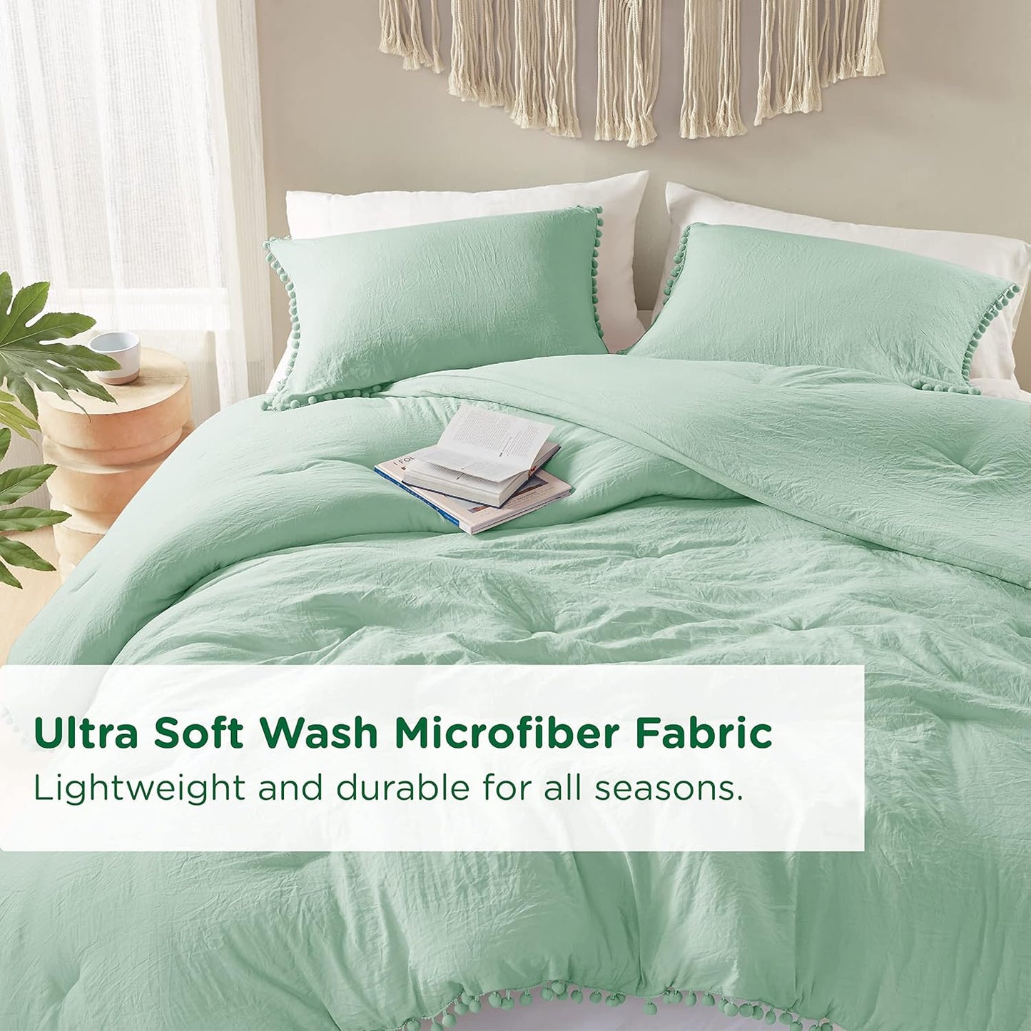 Codi Sage Green Boho Twin Comforter Set, Aesthetic Luxurious Pom Fringe Design Bedding, Cute Soft Washed Microfiber Bed Sets, Lightweight Chic,1 Comforter & 1 Pillowcase