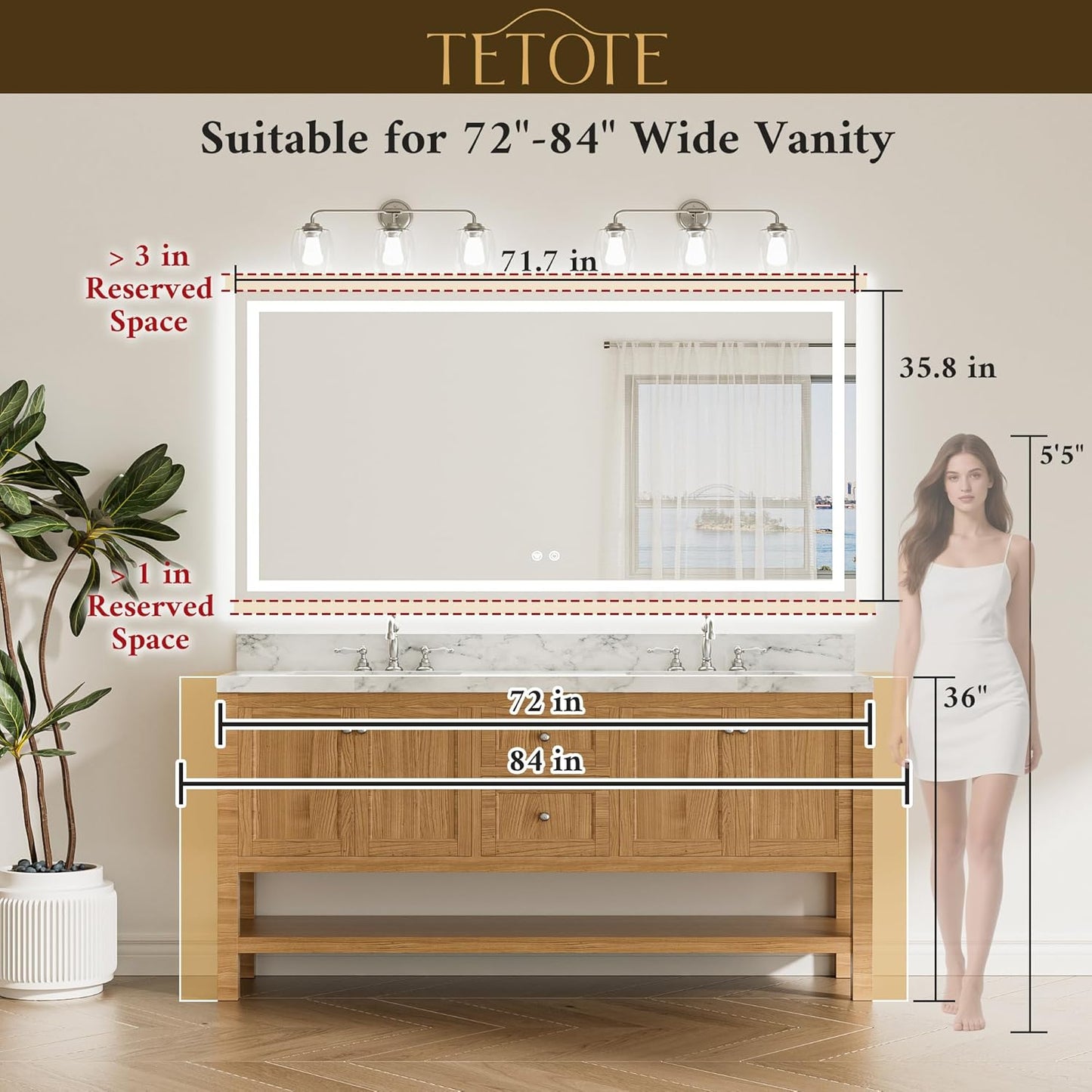 TETOTE 72 x 36 LED Bathroom Mirror with Lights, Brighter Front and Backlit Led Lighted Vanity Mirror Wall Mounted, 3-Color Dimmable Light up Anti Fog Mirror, Waterproof, Shatterproof Tempered Glass