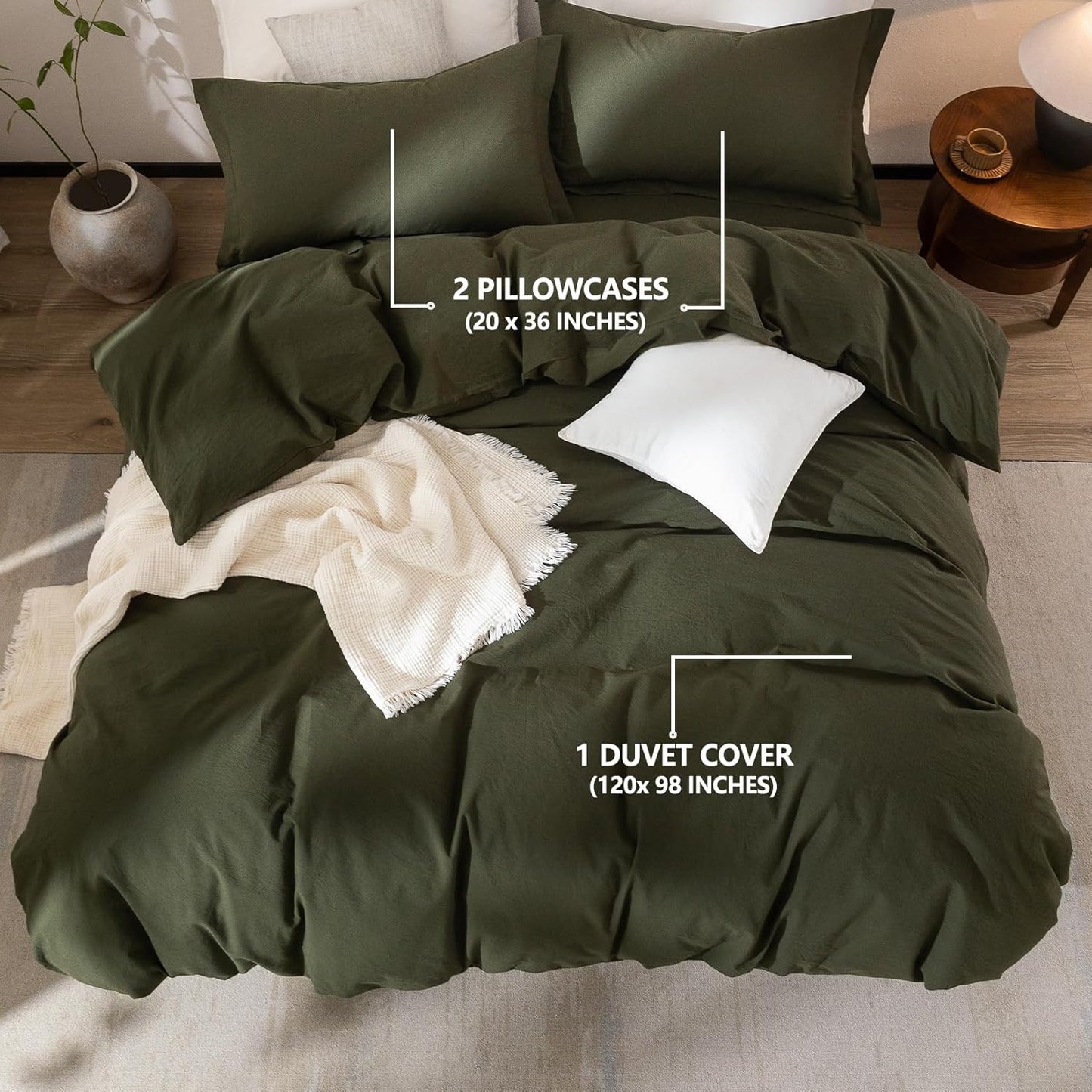 Linen Feel Duvet Cover Oversized King Size 120inch x 98inch,100% Washed Cotton Duvet Cover with Zipper Closure and 2 Pillowcases, Color of Olive Green