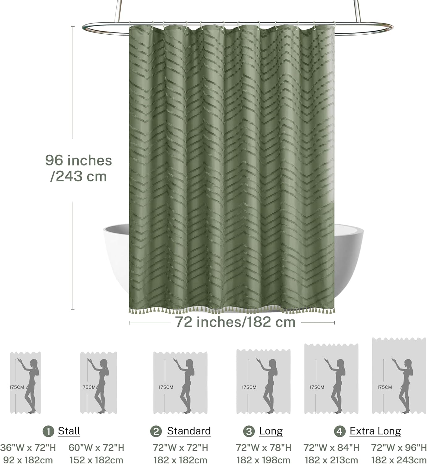 Extra Long Sage Green Boho Shower Curtain with Tassel, Woven Fabric 96 in Shower Curtain, Tufted Chevron Striped, 72 x 96, Modern Chic Textured Minimalist Bathroom Shower
