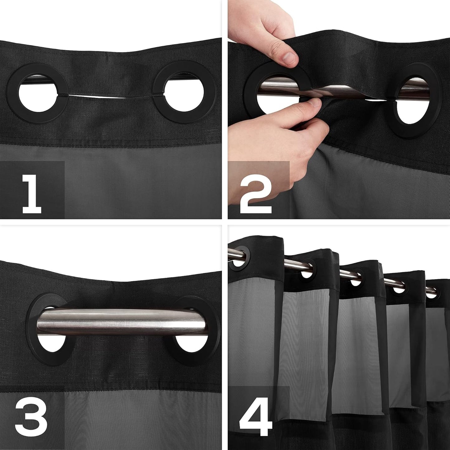 Extra Long No Hook Slub Textured Shower Curtain with Snap-in PEVA Liner Set - 71" x 86"(84"), Hotel Style with See Through Top Window, Black Fabric Curtain & Waterproof Liner, Black, 71x86