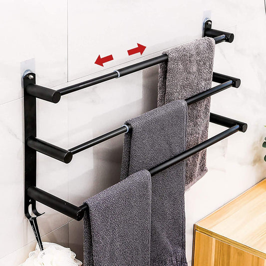 Black Adjustable Towel Bar for Bathroom Wall Mount17-30.7inch Adhesive Shower Towel Rack Stainless Steel Bath Towel Holders for Toilet Kitchen Double Towel Hanger (Black 3 Bar)
