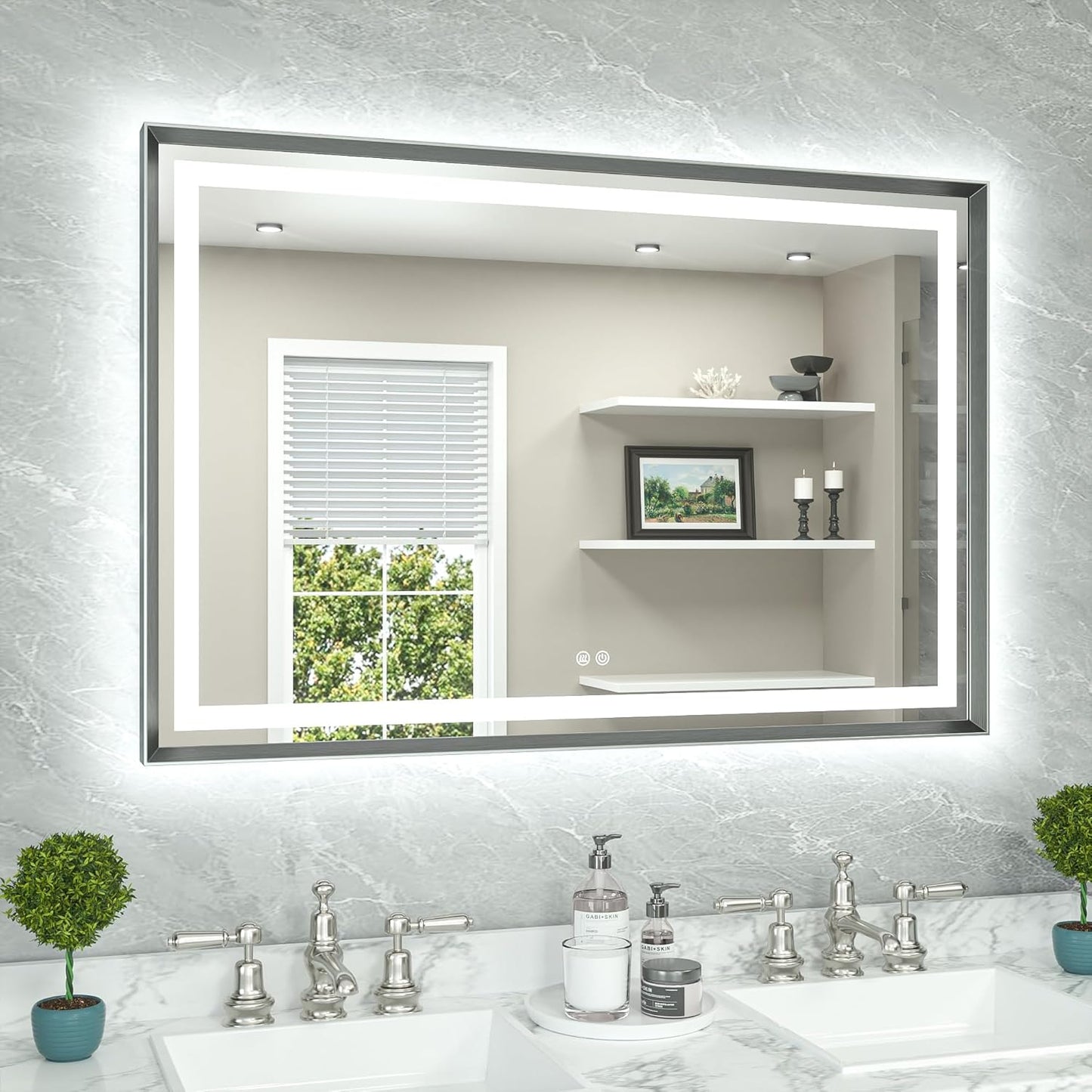 TETOTE 48 x 32 Bathroom LED Mirror Brushed Gunmetal Gray Frame Frontlit & Backlit Vanity Mirror Anti-Fog Stepless Dimmable 3 Colors White/Warm/Natural Wall-Mounted