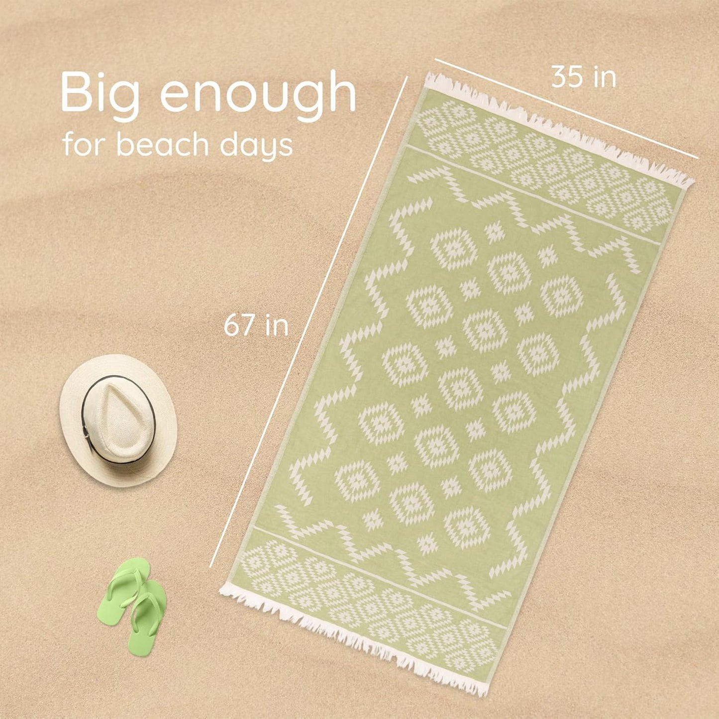 Turkish Towels Beach Towels Oversized (35”x67”) Beach Towels for Adults Quick Dry and Sand Free Beach Towel Beach Blanket 100% Cotton Turkish Towel - Soft Green