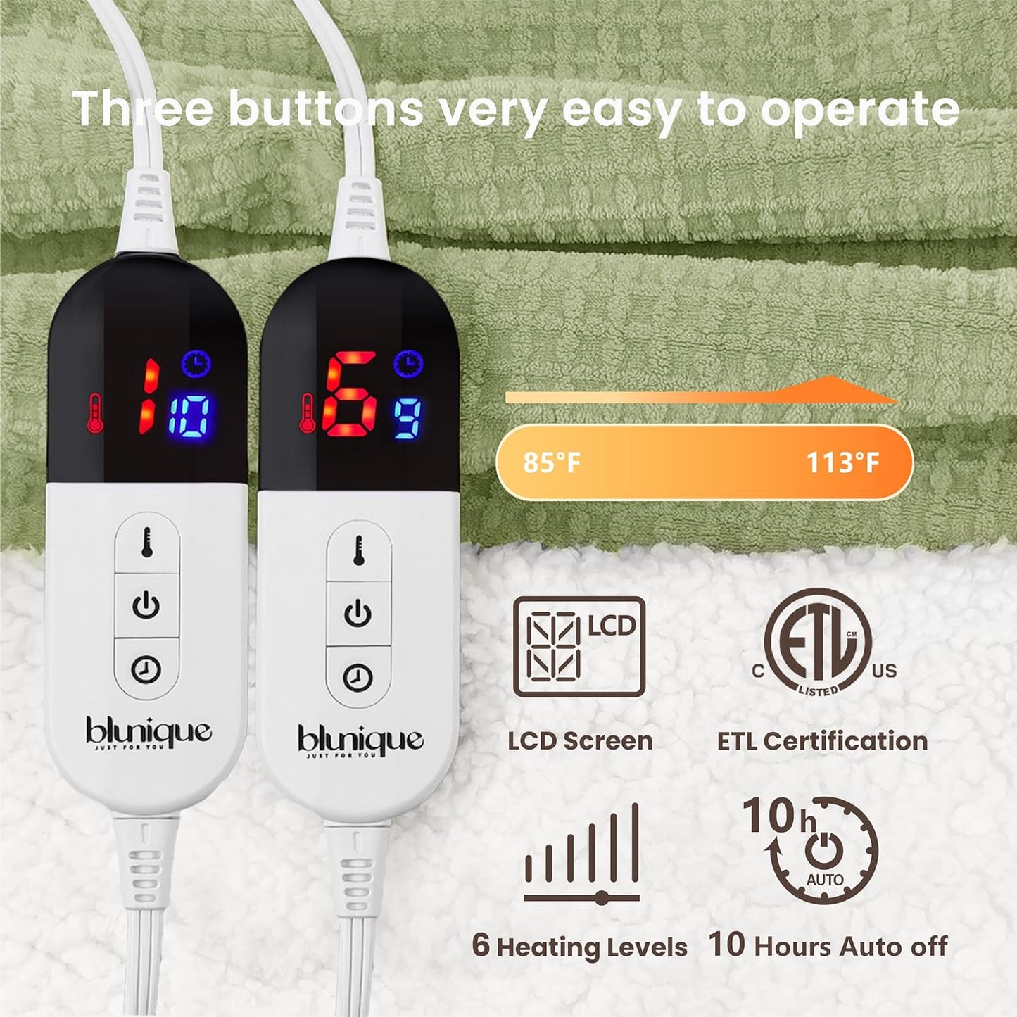 Heated Blanket Electric Blanket Queen Waffle, 84x90 Inches Dual Controllers Sherpa Fleece Fast Heating Blanket 6 Heating Levels & 10 Hours Auto Off ETL Certification, Sage Queen