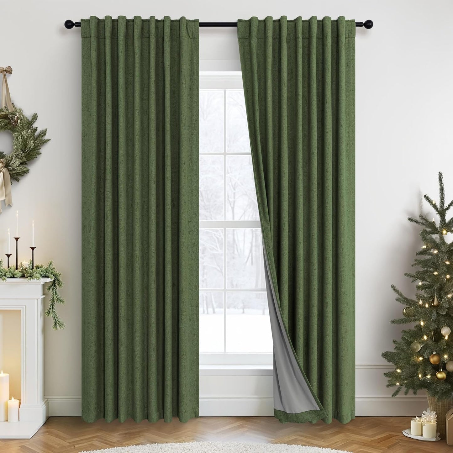 Ptialk Elegant Blackout Curtains for Living Room Eclectic Moody Dark Olive Green Linen Curtains 72 Inch Length 2 Panels Set Long Drapes for Closet Cover Back Tab Rod Pocket Hunter Green 52x72