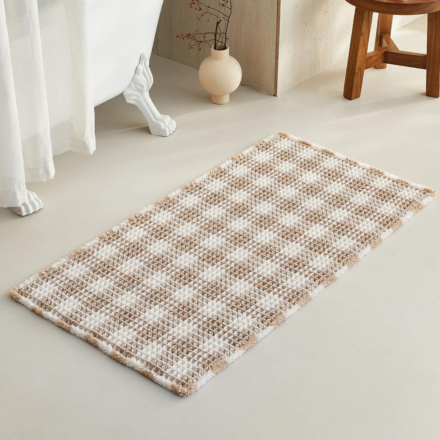 Waffle Bath Mat, Boho Bathroom Rugs Non Slip Washable Absorbent Checkered Bathroom Mat Quick Dry Farmhouse Bathroom Decor, 48"x24" Khaki and White