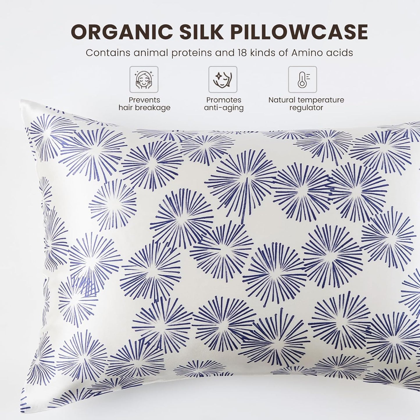 THXSILK Dandelion Style 6A+ Grade Mulberry Silk Pillowcase for Hair and Skin, 22 Momme Silk Pillow Case with Hidden Zipper, Organic Silk Pillowcase King Size 20x36 inches, 1PC, Dandelion