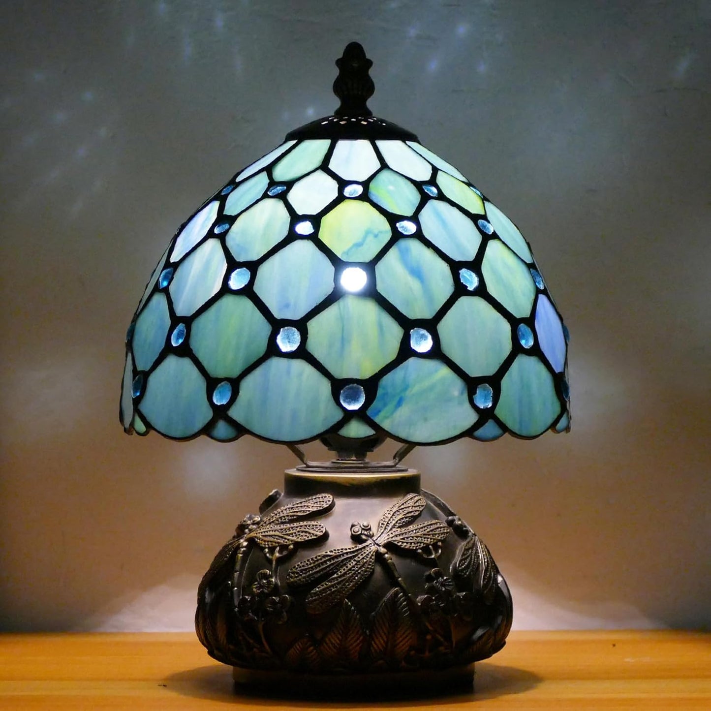 Small Tiffany Lamp Mini Stained Glass Table Lamp Sea Blue Pearl Style Mushroom Memory Sympathy Lamp 8X11 Inch