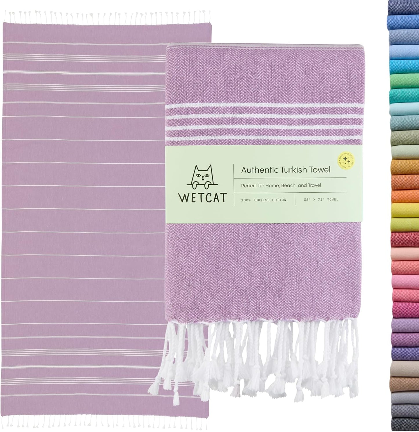 WETCAT Turkish Beach Towel Oversized (38"x71") 100% Turkish Cotton, Made in Turkey - Sand Free, Extra Large, Ultra Soft, Quick Drying, Compact & Lightweight for Travel - Lilac