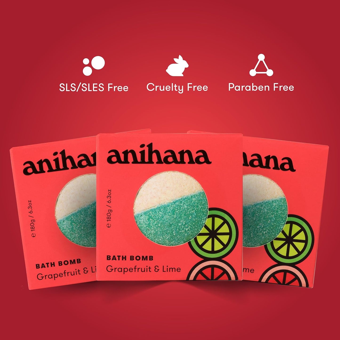 ANIHANA Bath Bombs with Coconut Oil, Paraben Free, Hand-Crafted Luxury Fizzers, Refreshing Grapefruit & Lime Scent, 6.3 oz Each, 3 Pack
