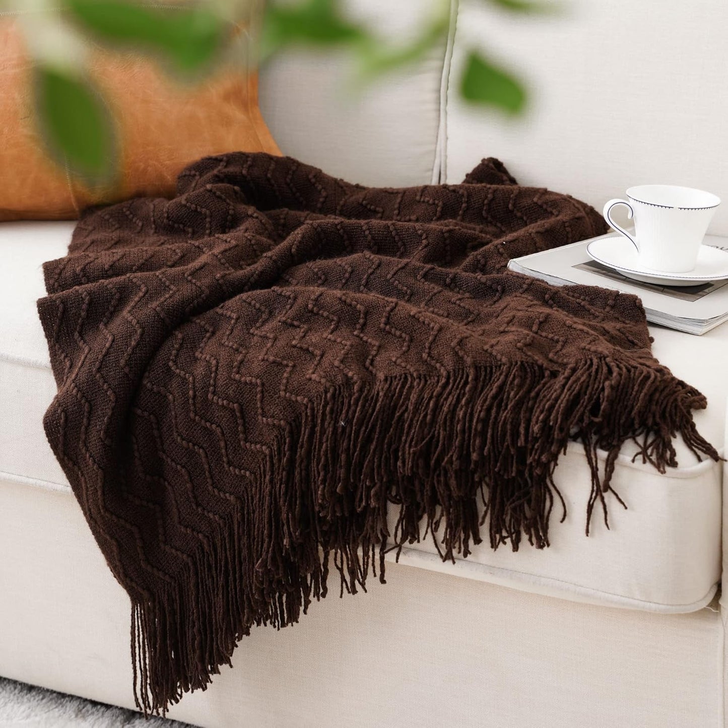BATTILO HOME Dark Brown Throw Blanket for Couch, Boho Throw Blanket for Home Decor, Decorative Chocolate Knit Throw Blankets for Chair Sofa, Bed, 50"x60"