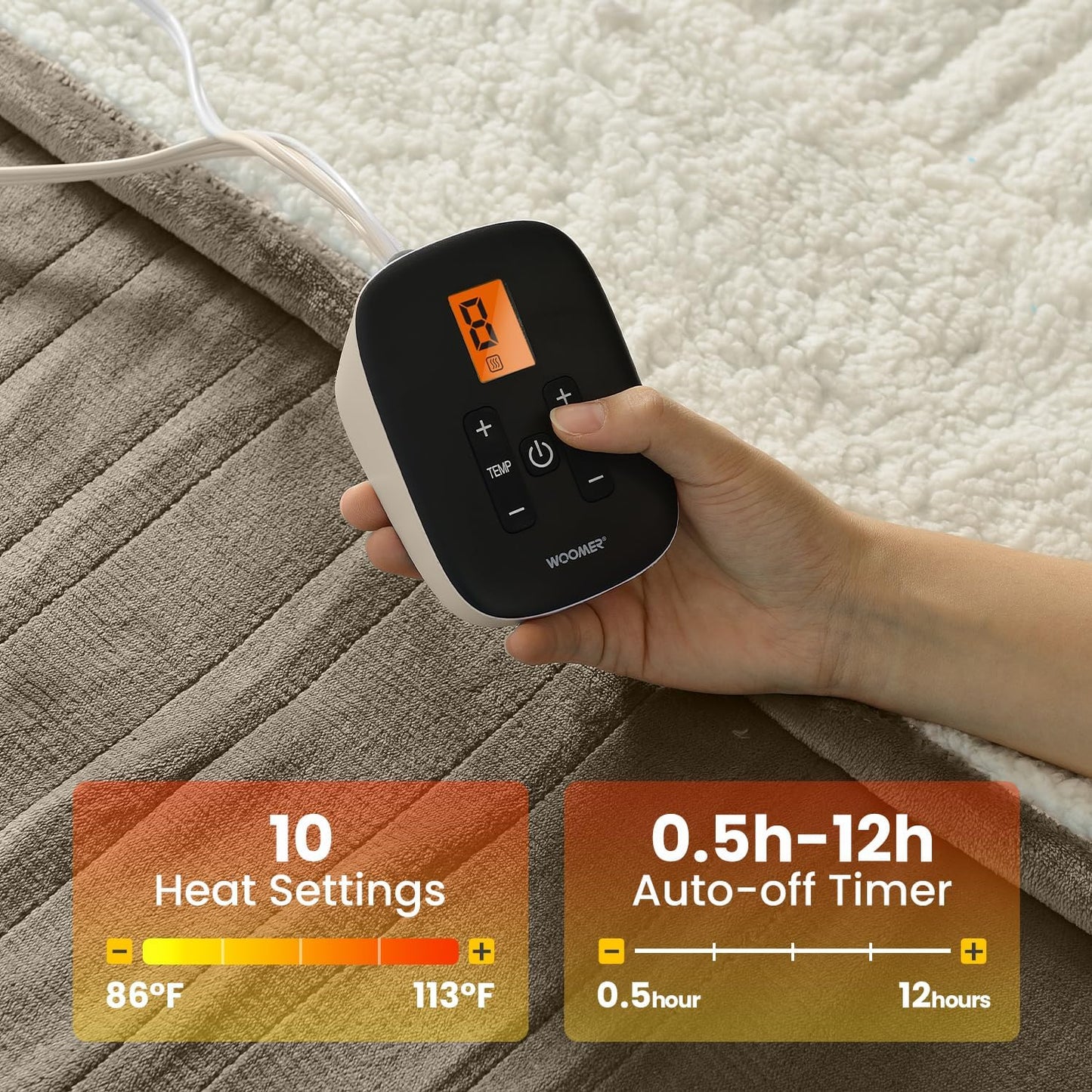 WOOMER Electric Blanket Full Size,Durable Flannel and Soft Sherpa,Dual Control,77”×84” Heated Throw Blanket, 10 Heat Levels&0.5-12h auto-Off,Energy Efficient,ETL Certified