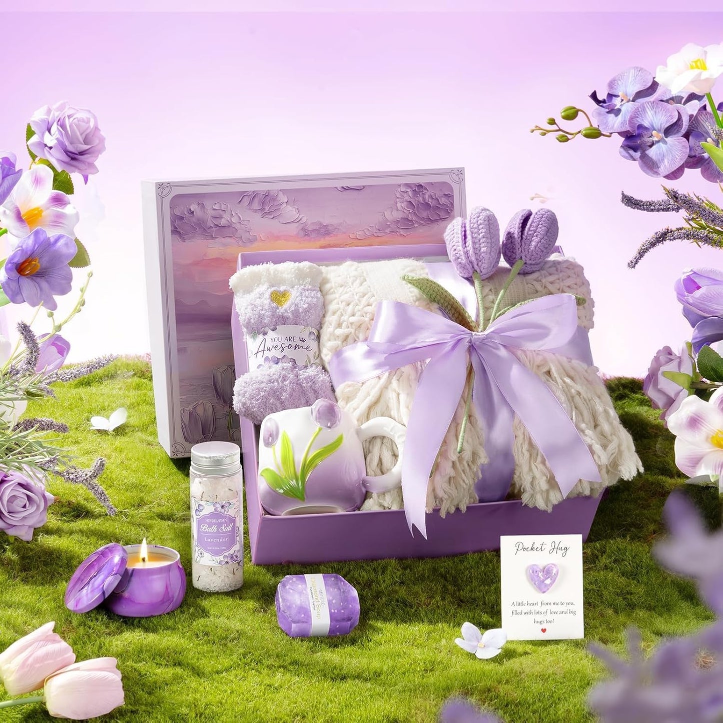 Birthday Gifts for Women Self Care Set Get Well Soon Gift Baskets, Relaxing Lavender Spa Gift Basket Care Package for Women, Unique Christmas Mom Gifts for Her Girlfriend Sister Friend Wife Grandma