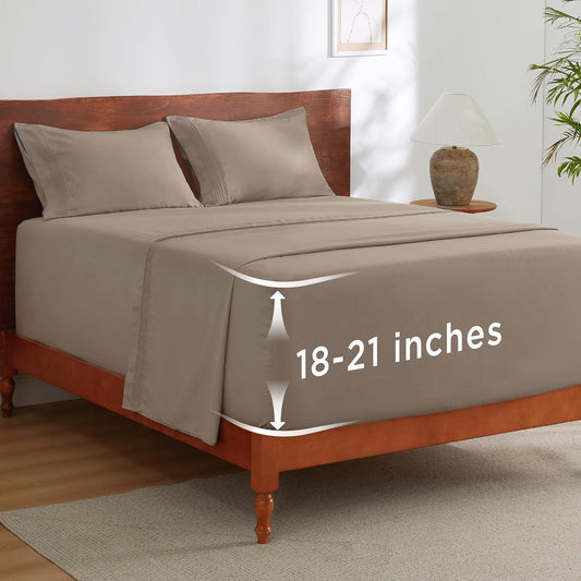 Bedsure Deep Pocket King Sheet Set - Fits Mattresses Up to 21 Inches Thick - 4 Piece GentleSoft Bed Sheets, Moisture Wicking, Soft & Cooling Bedsheet & Pillowcases, Easy & Secure Fit, Taupe