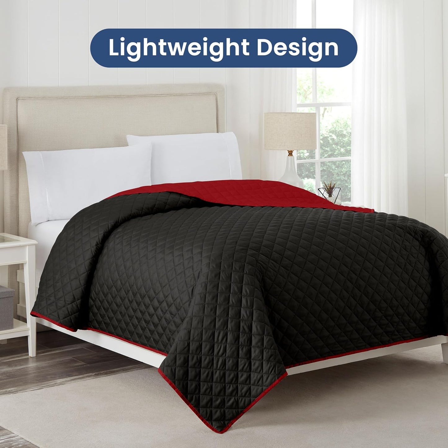 Martex Reversible Coverlet – Full Queen Size Quilt - Lightweight Full Size Bedding– Durable Queen Size Quilts for Bed – Soft - Easy Care Bedding – Ebony/Red