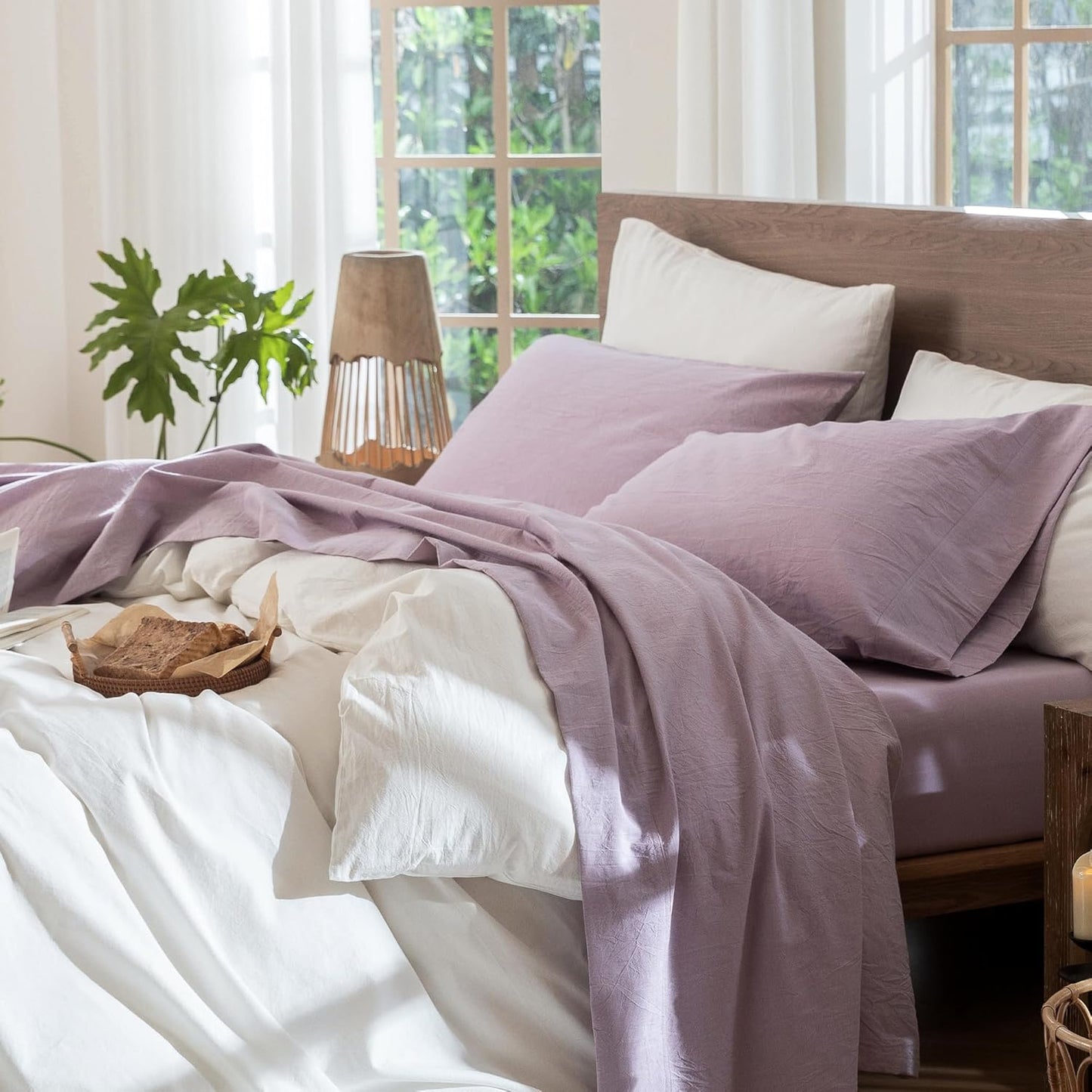 MooMee Bedding Sheet Set 100% Washed Cotton Linen Like Textured Breathable Durable Soft Comfy (Heathered Light Purple, California King)