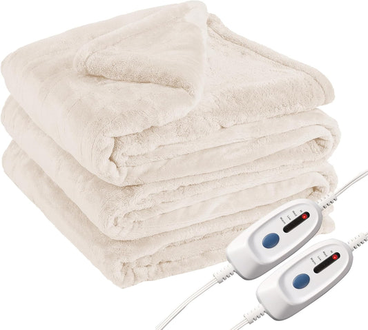 Electric Heated Blanket Queen Size 84"x90", Dual Controllers, Cozy Large Oversized, 4 Heating Levels & 10 Hours Auto Off, Cozy for Bed, Sofa, & Office, Machine Washable, White