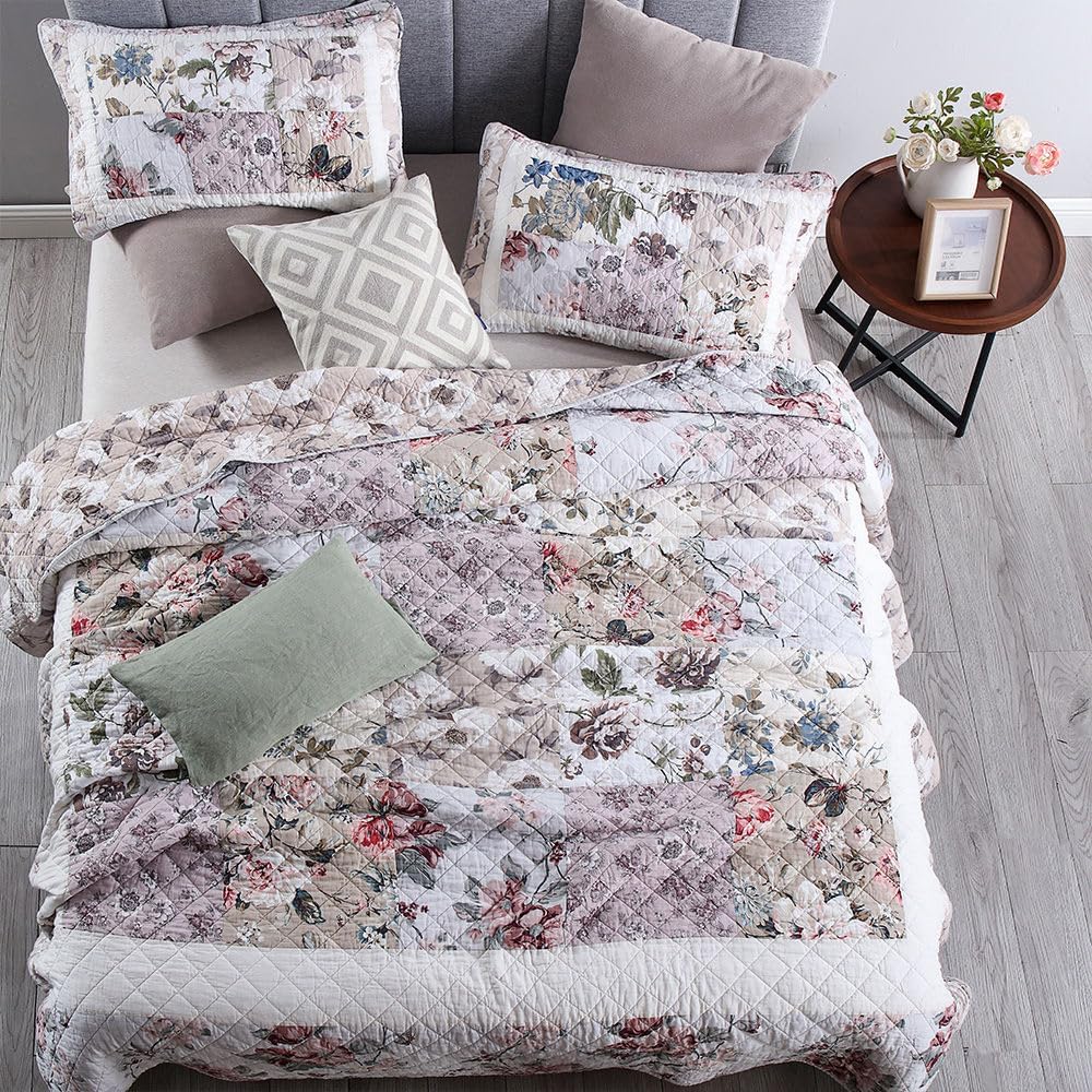 Cotton Bedspread Quilt Bedding Sets 3 Pieces Reversible Coverlet Sets Comforters Vintage Floral Patchwork White Bedspread, King Size