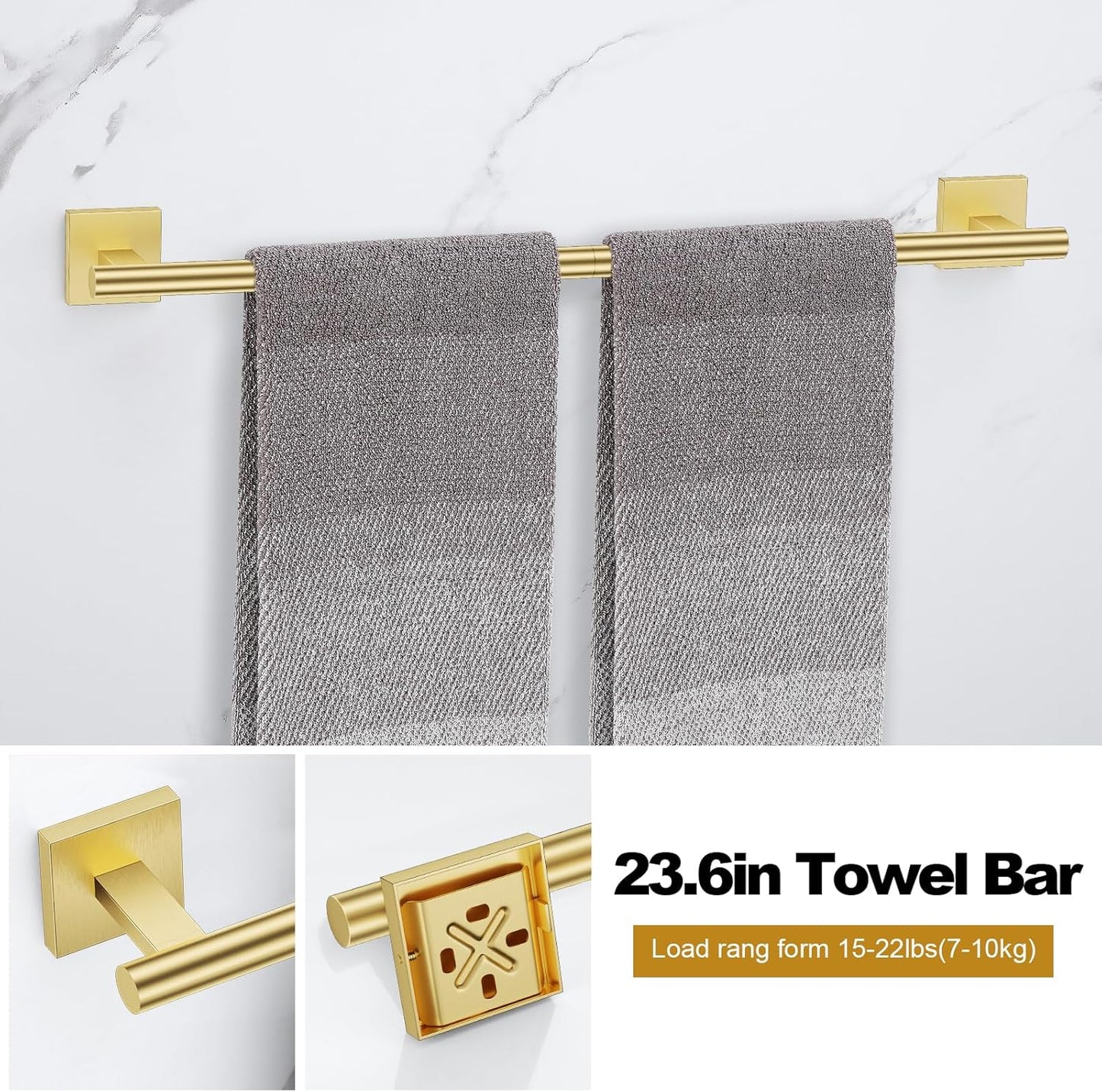 Brushed Gold Bathroom Hardware Accessories Towel Bar Set, 10 Pieces Bathroom Towel Bar Holder Set, 23.6 Inch Stainless Steel Toilet Paper Holder Towel Racks for Bathroom Wall Mounted
