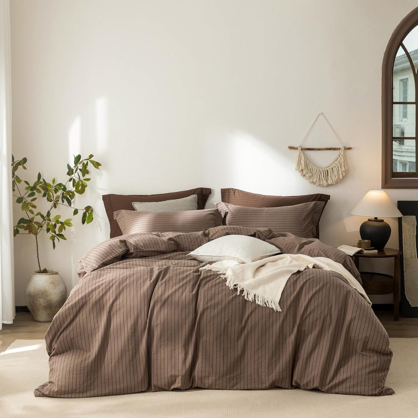 Stripe Duvet Cover Queen Size 90inch x 90inch,100% Washed Cotton Pinstripe Duvet Cover with Zipper Closure and 2 Pillowcases, Color of Light Brown-Black Stripe