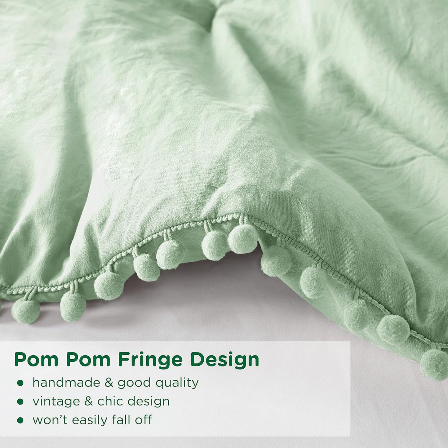 Codi Sage Green King Comforter Set - Boho Chic Bedding with Elegant Pom Fringe, Soft Washed Microfiber 3pc Luxury Set, Lightweight & Breathable for Master Bedroom, 1 Comforter & 2 Pillow Shams
