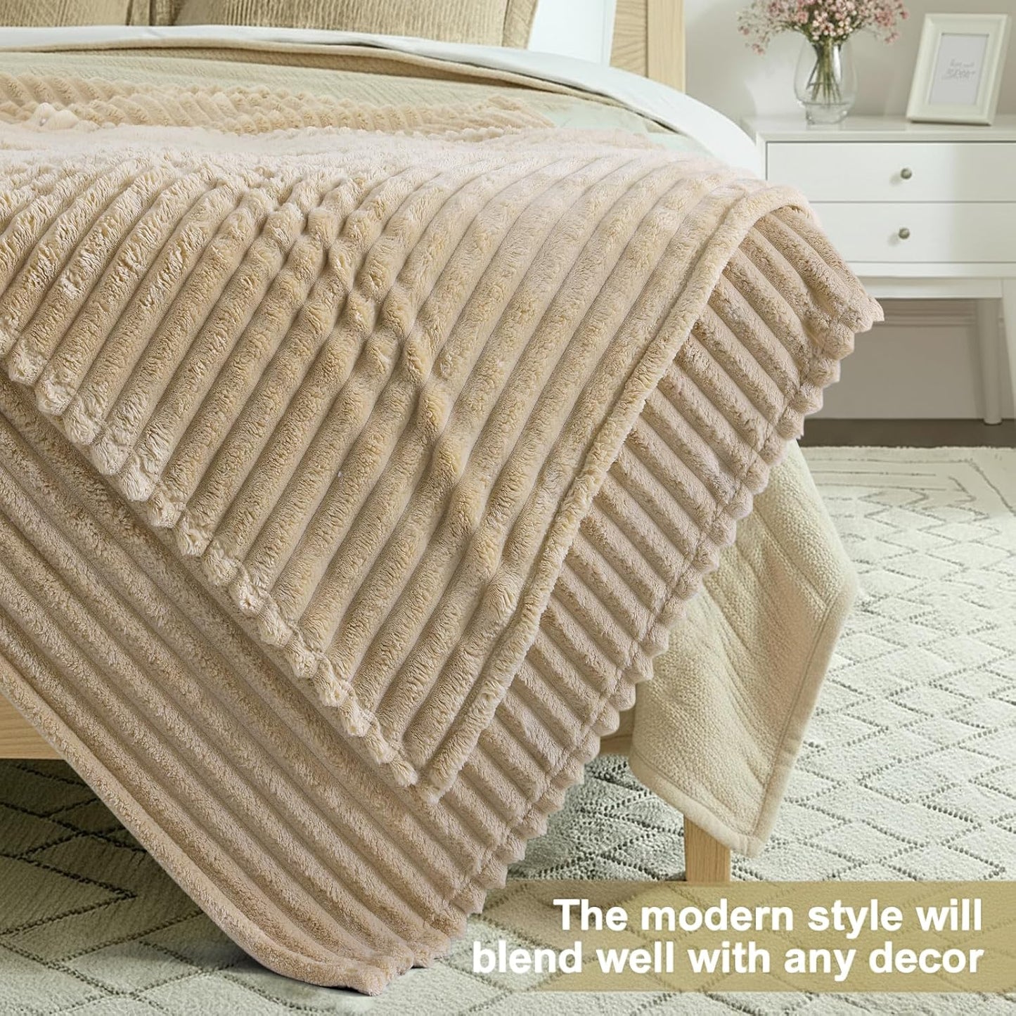 decorUhome Christmas Soft Fleece Light Brown Throw Blanket for Couch, Cozy Fluffy Plush Flannel Striped Blanket for Sofa Bed, Lightweight Decorative Ribbed Fuzzy Blanket for Woman, 50x60 Inches