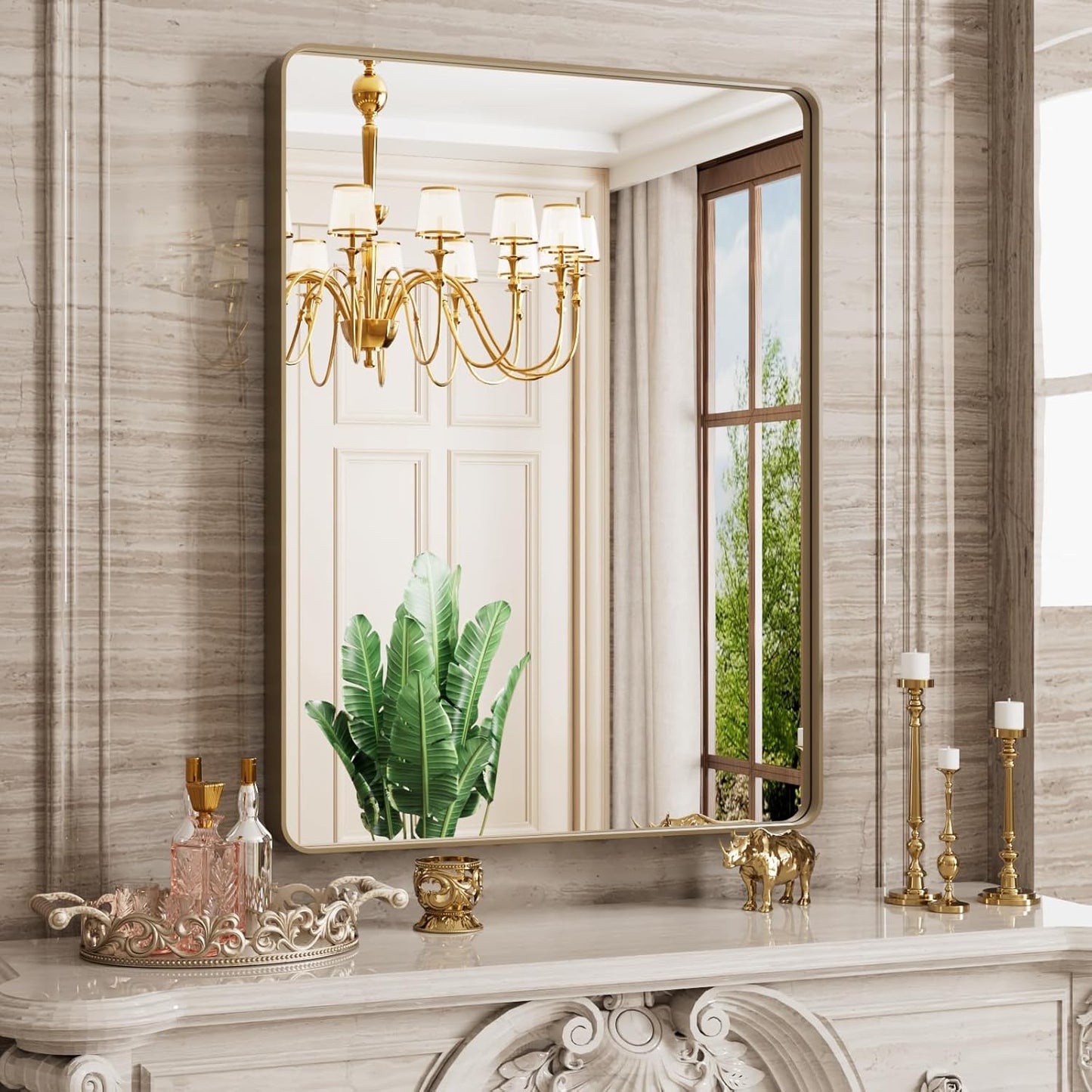 Bronze Bathroom Mirror 24x32 Inch, Brushed Bronze Metal Frame Mirror for Wall, Rounded Rectangle Bathroom Vanity Mirror with Tempered Glass, Anti-Rust, Horizontal/Vertical