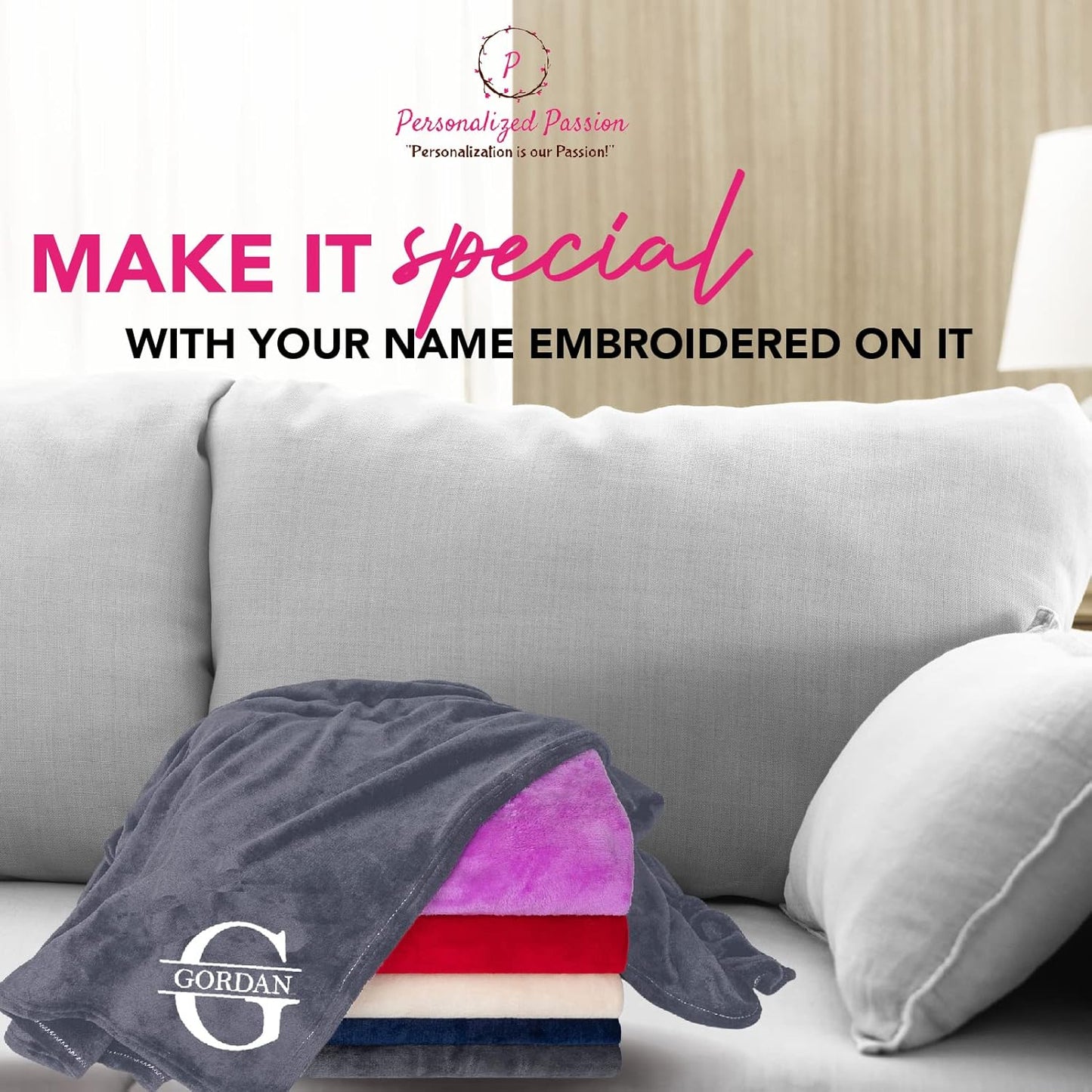Personalized Passion Blankets with Custom Name & Initial Monogram - Super Soft and Cozy Fleece - Unisex Custom Blanket for Him and Her - 60x40 Inches - Grey