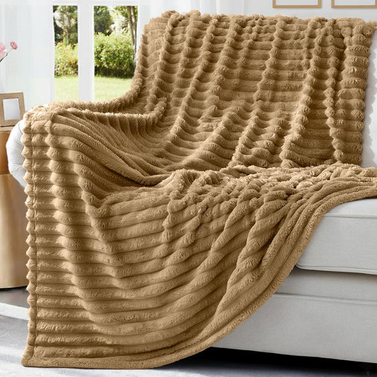 decorUhome Christmas Soft Fleece Brown Twin Blanket for Bed, Cozy Fluffy Plush Flannel Striped Throws for Couch Sofa, Lightweight Decorative Ribbed Fuzzy Blanket for Woman, 60x80 Inches