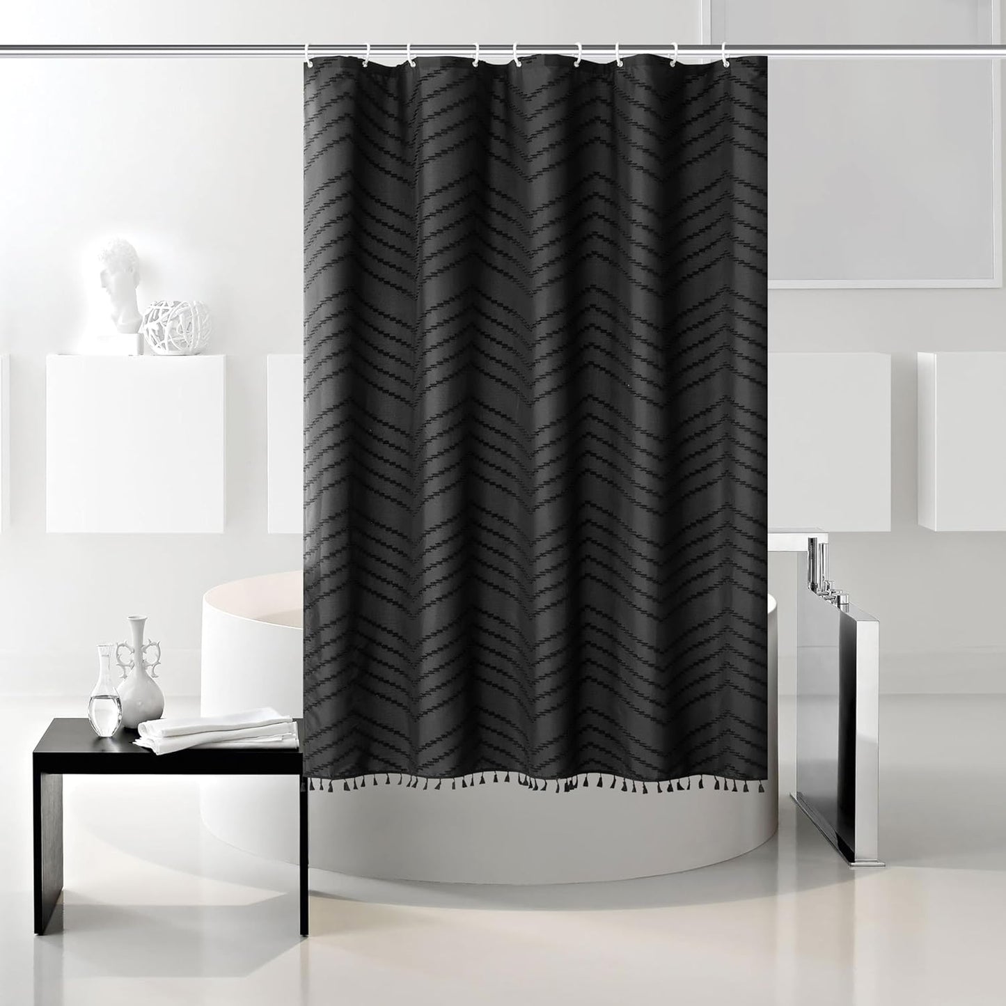 Stall Boho RV Black Tassel Woven Fabric Short Shower Curtain 48 x 64 Modern Farmhouse Textured Tufted Chevron Striped Minimalist Bathroom Shower