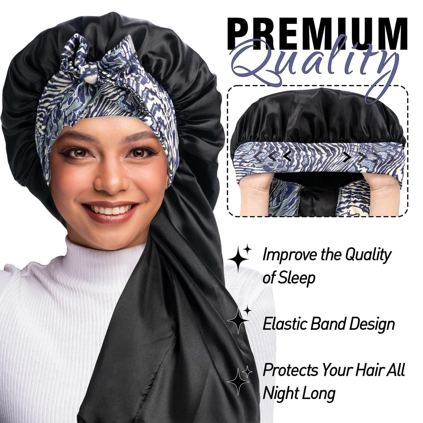 2Pcs Bonnets for Women Sleeping Braid Bonnet, Large Long Satin Silk Bonnet for Braids, Black Women Braid Bonnets with Stretchy Tie Band for Sleeping Extra Long (Pink &Black Pattern)