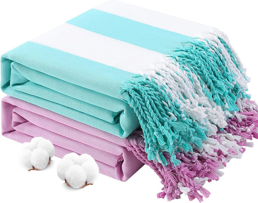 2 PacksOversized Cotton Turkish Beach Towels 74"x38" Thin Quick Dry Sand Free Pool Swim Bathing Towel Extra Large Blanket Adult Travel Essentials Accessories Summer Vacation LightGreen Purple Stripe
