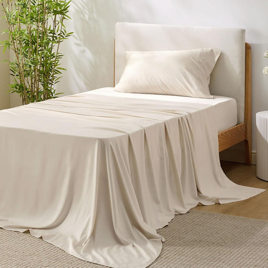 Bedsure Cooling Sheets Twin XL, Rayon Derived from Bamboo, Breathable & Soft Twin XL Sheet Sets, Deep Pocket Up to 16 Inches, Hotel Luxury Silky Dorm Bedding for Hot Sleepers, Light Beige