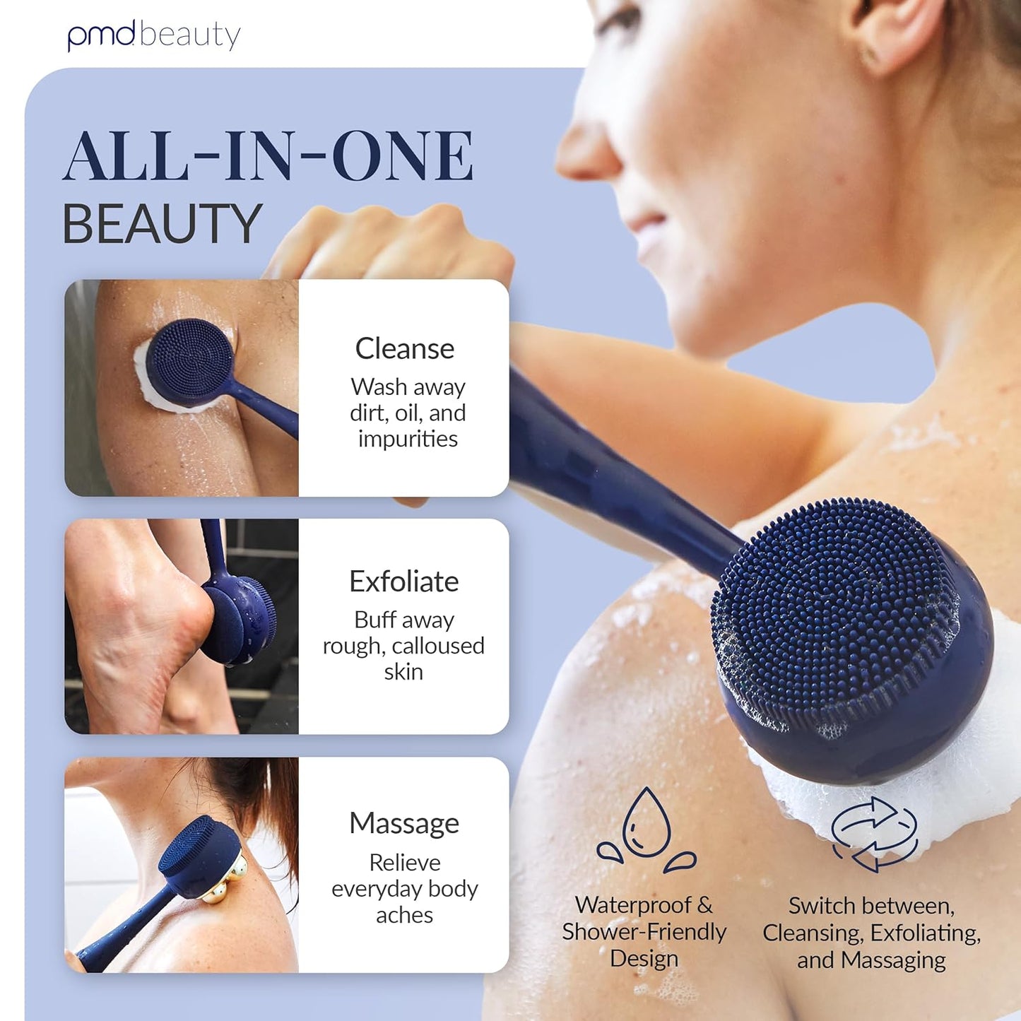 PMD Clean Body - Smart Body Cleansing Device with Silicone Brush & Three Interchangeable Attachments - Waterproof - SonicGlow Vibration - Cleanse, Exfoliate, & Massage Body