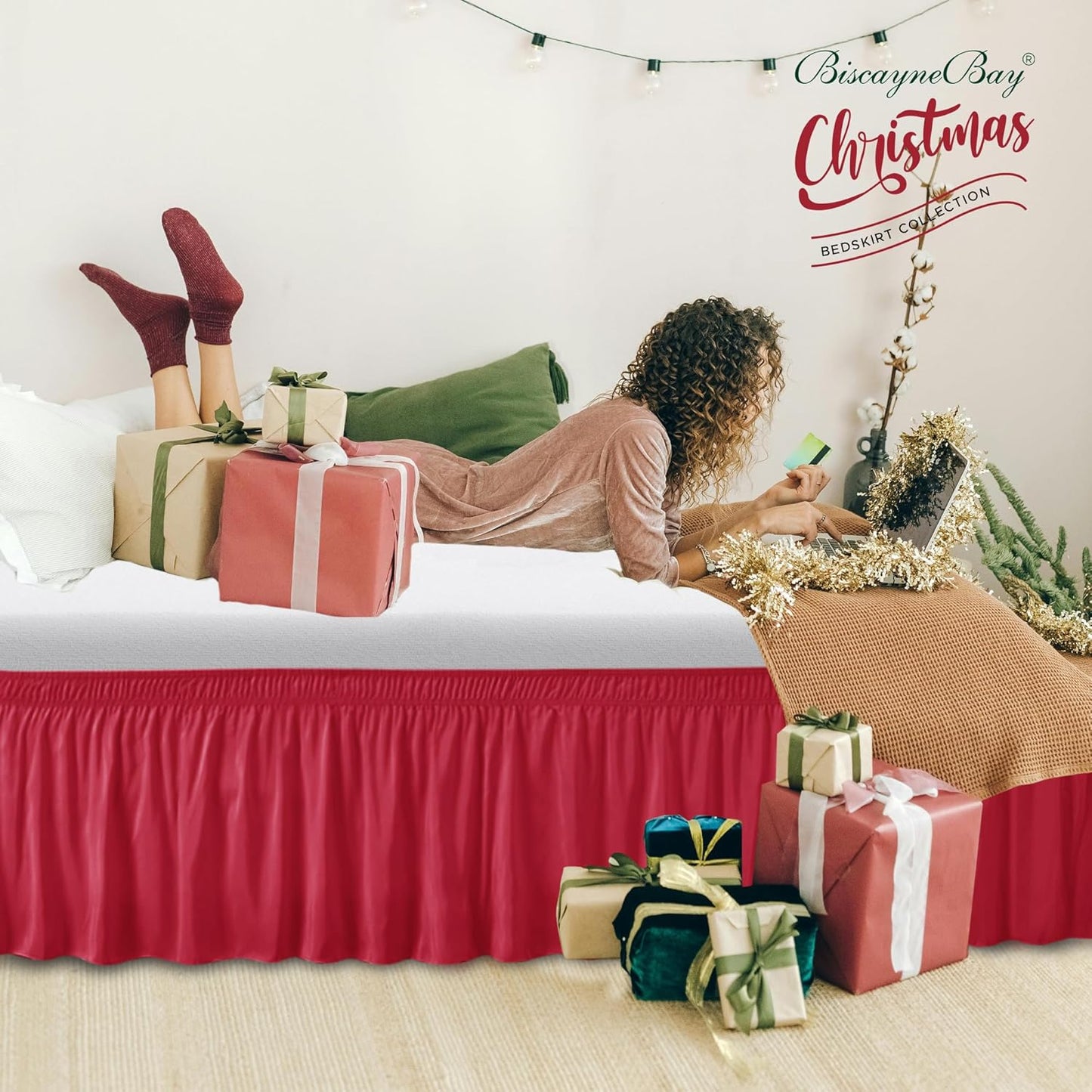 Biscaynebay Wrap Around Bed Skirts for Queen Beds 15" Drop, Red Adjustable Elastic Dust Ruffles Easy Fit Wrinkle & Fade Resistant Silky Luxurious Fabric Machine Washable