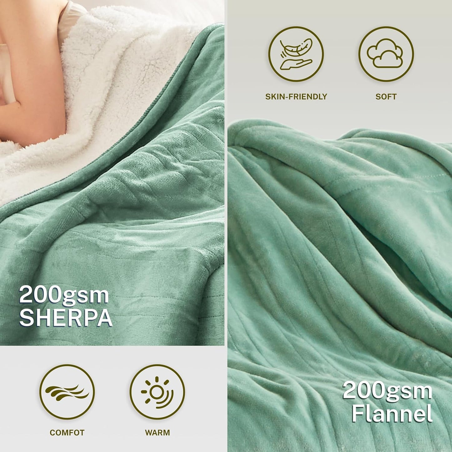 Heat Blanket 72”x84” Full Size,Soft Flannel & Sherpa Reversible Electric Blanket with 10 Heat Settings,12 Timer Setting and 8 Hours Auto-Shut Off,ETL Certified Machine Washable,Green
