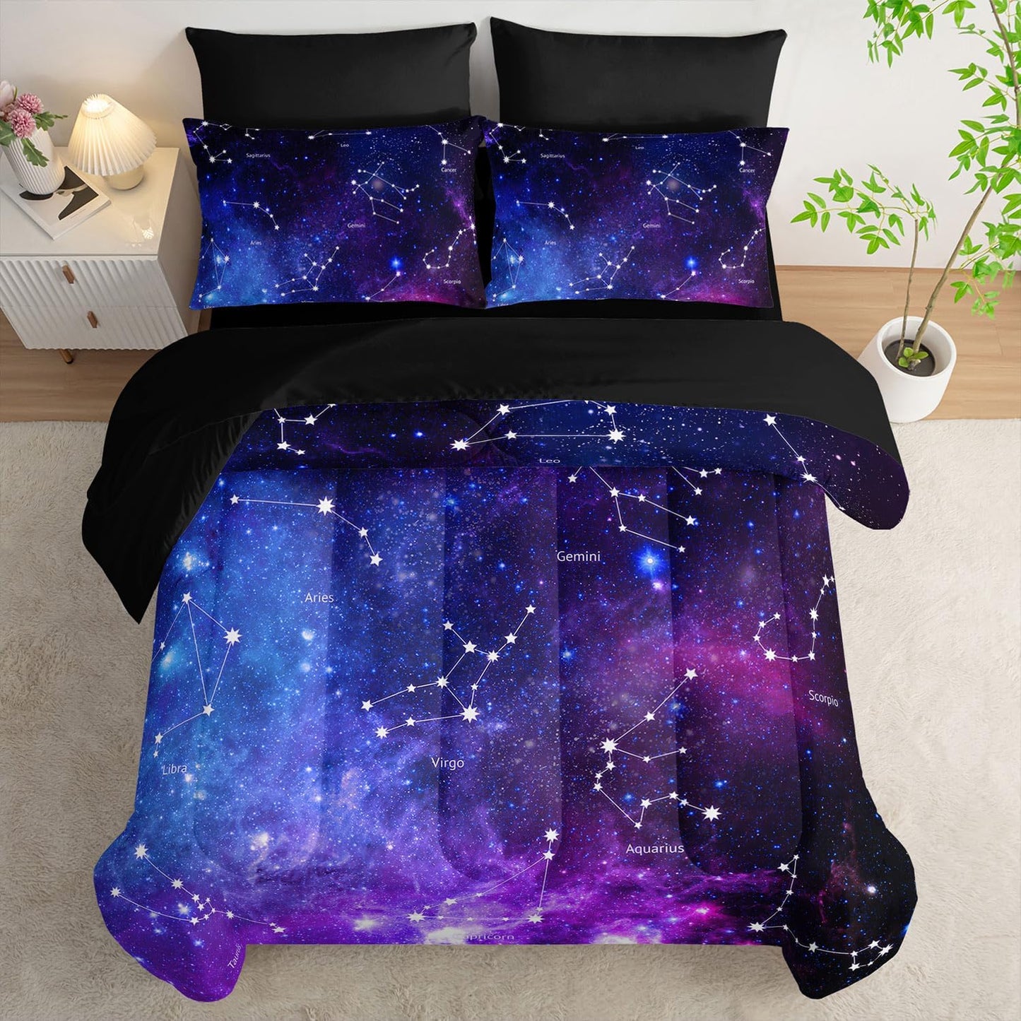 7pc Space Comforter Set - Galaxy Bedding, Starry Night Bed in a Bag, Includes Sheets, Soft Microfiber, All Season, Twin Size