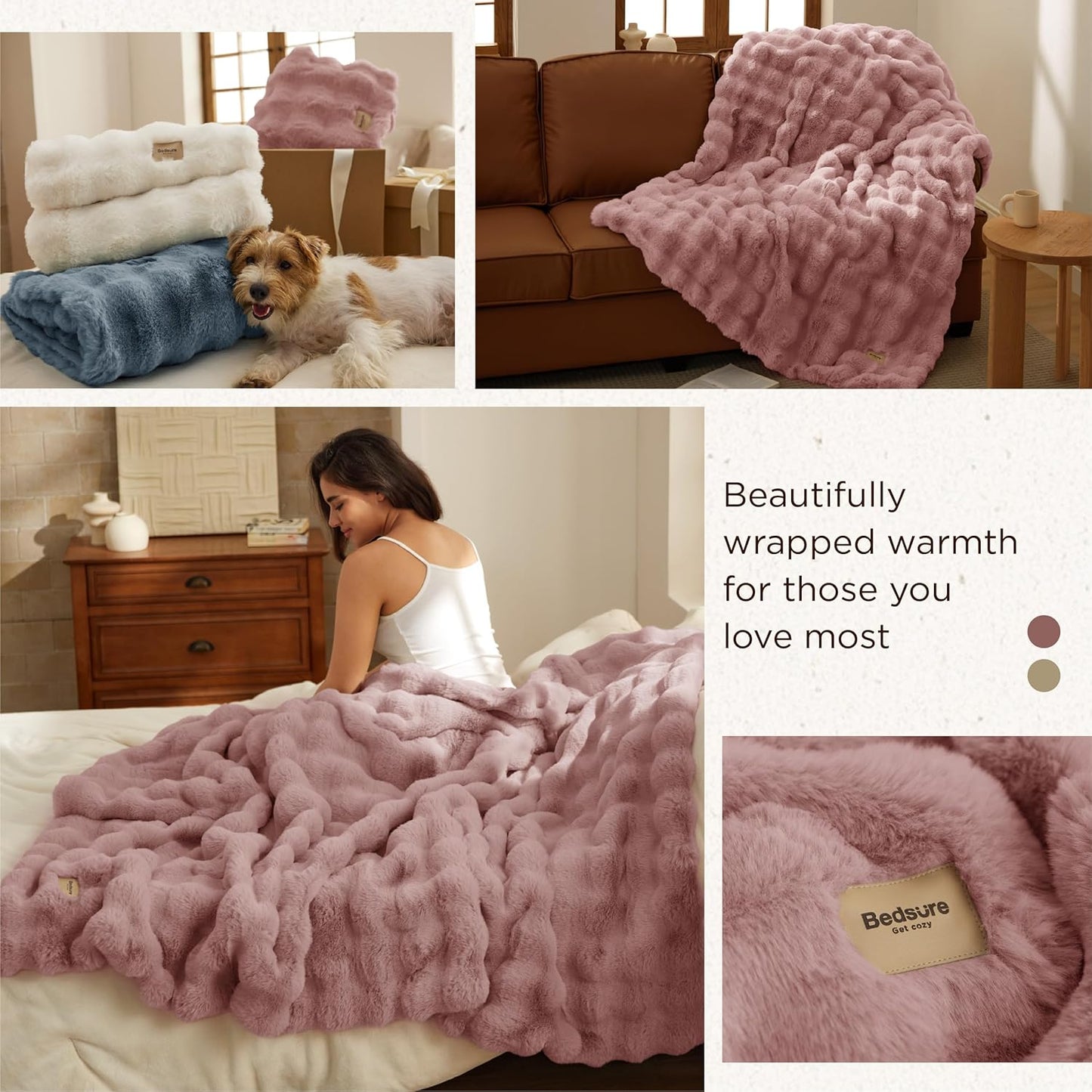 Bedsure GentleSoft Fluffy Faux Fur Throw Blanket for Couch, Soft Fuzzy Bubble Blanket Home Decor Gifts for Bedroom Living Room, Thick Warm Furry Cozy Gifts for Women, Dusty Rose, 50x60 Inch
