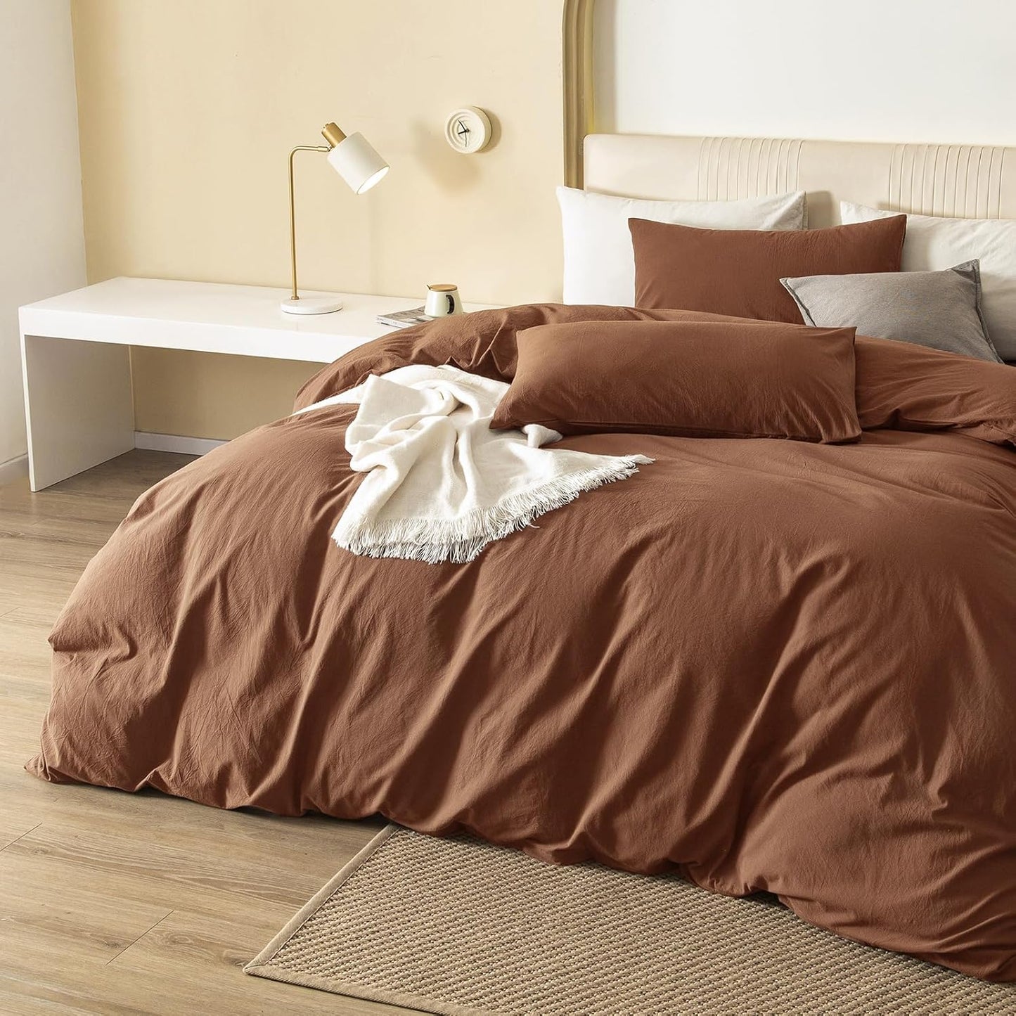 JIYUAN 100% Washed Cotton Duvet Cover Set 3 Pieces Oversized King, 1 Duvet Cover 120x98 Inches(Comforter Not Included) and 2 Pillowcases,Linen Feel Bedding Set Comfy and Breathable,Burnt Orange