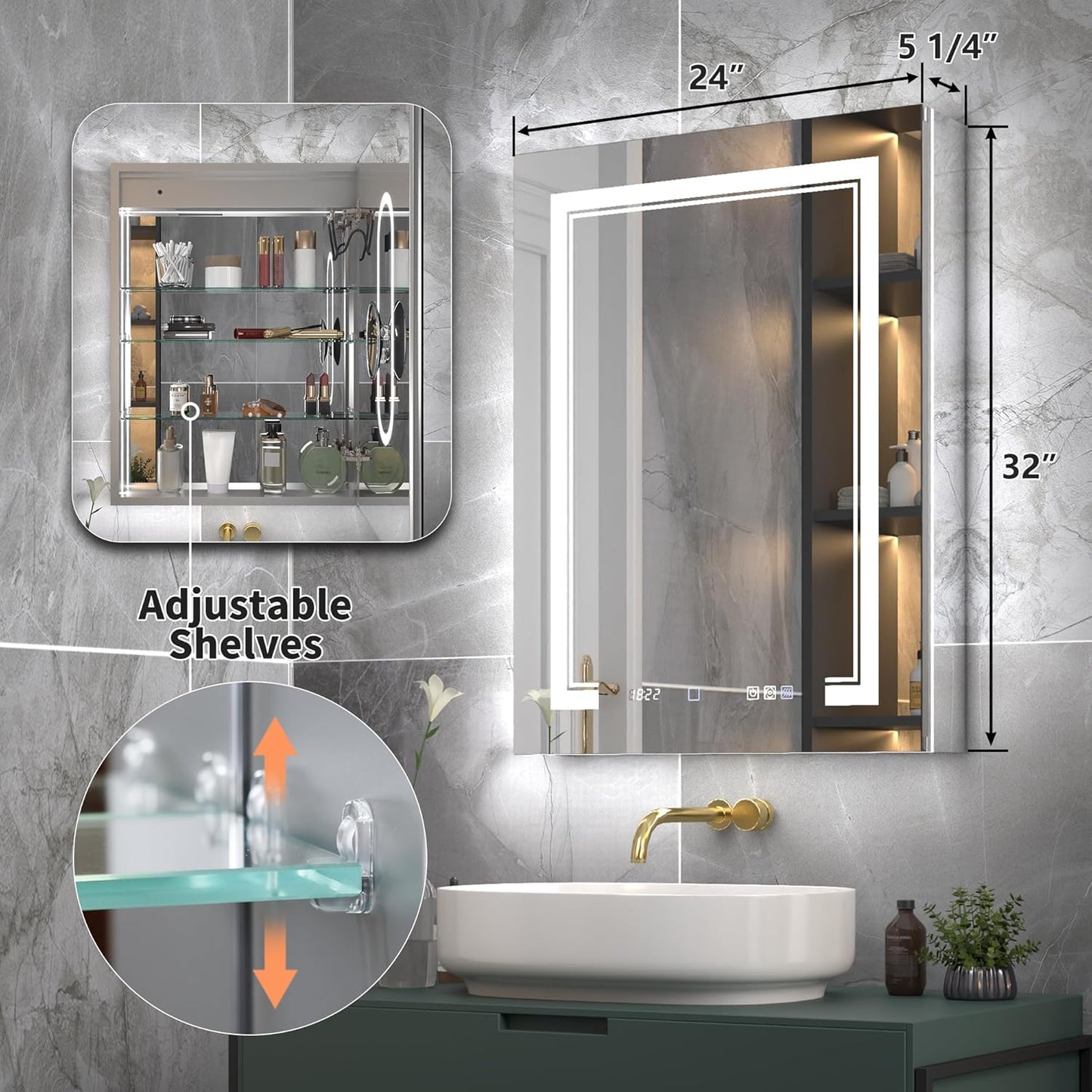 24"x32"Lighted Medicine Cabinet with Mirror, Recessed or Surface Mount LED Medicine Cabinet, Front&Backlit, Anti-Fog, Stepless Dimming, 3-Color Temperatures, Adjustable Shelves, Right Hinge