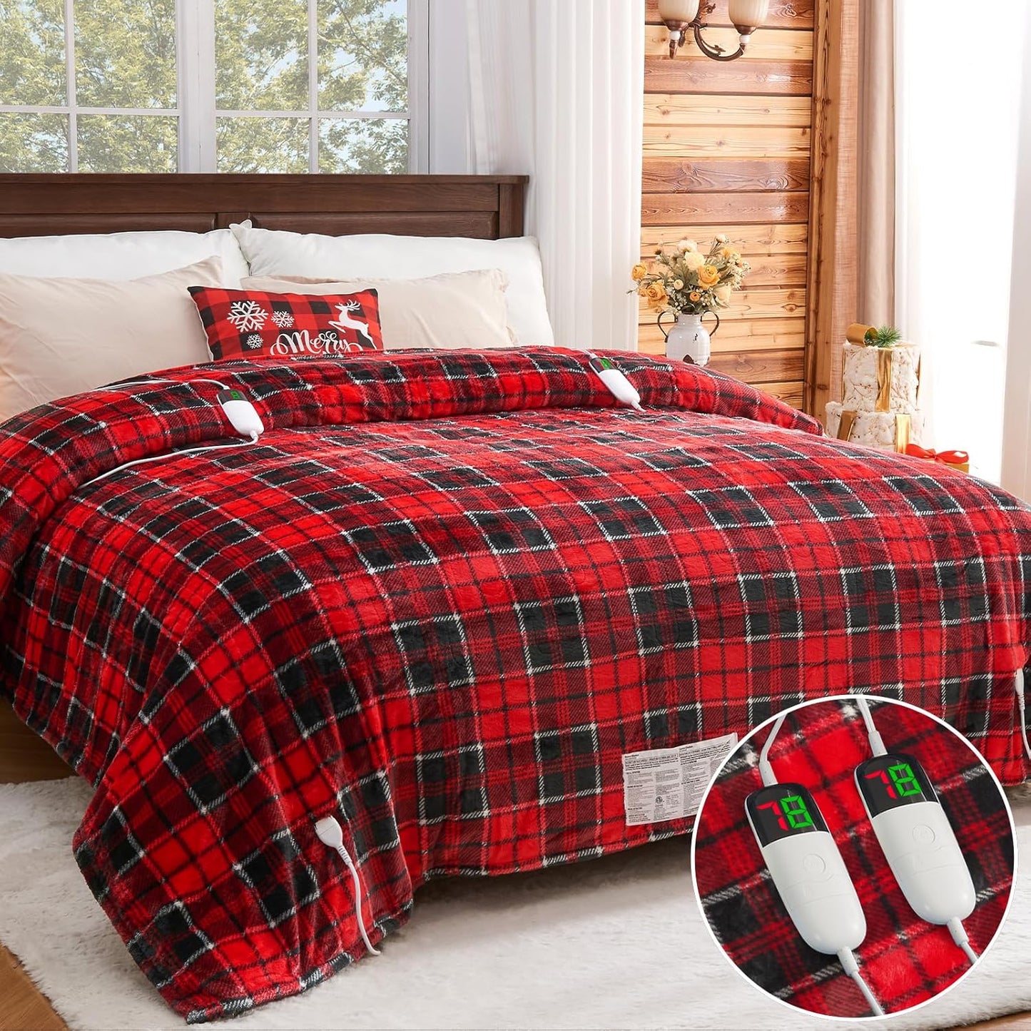 Heated Blanket Electric, Queen Size 84X90, Heating Blanket with 10 Heating Levels/8 Hours Auto Off/Dual Control for Bed, Red Checkered Sherpa Blankets Warmer for Adults, Christmas Blankets