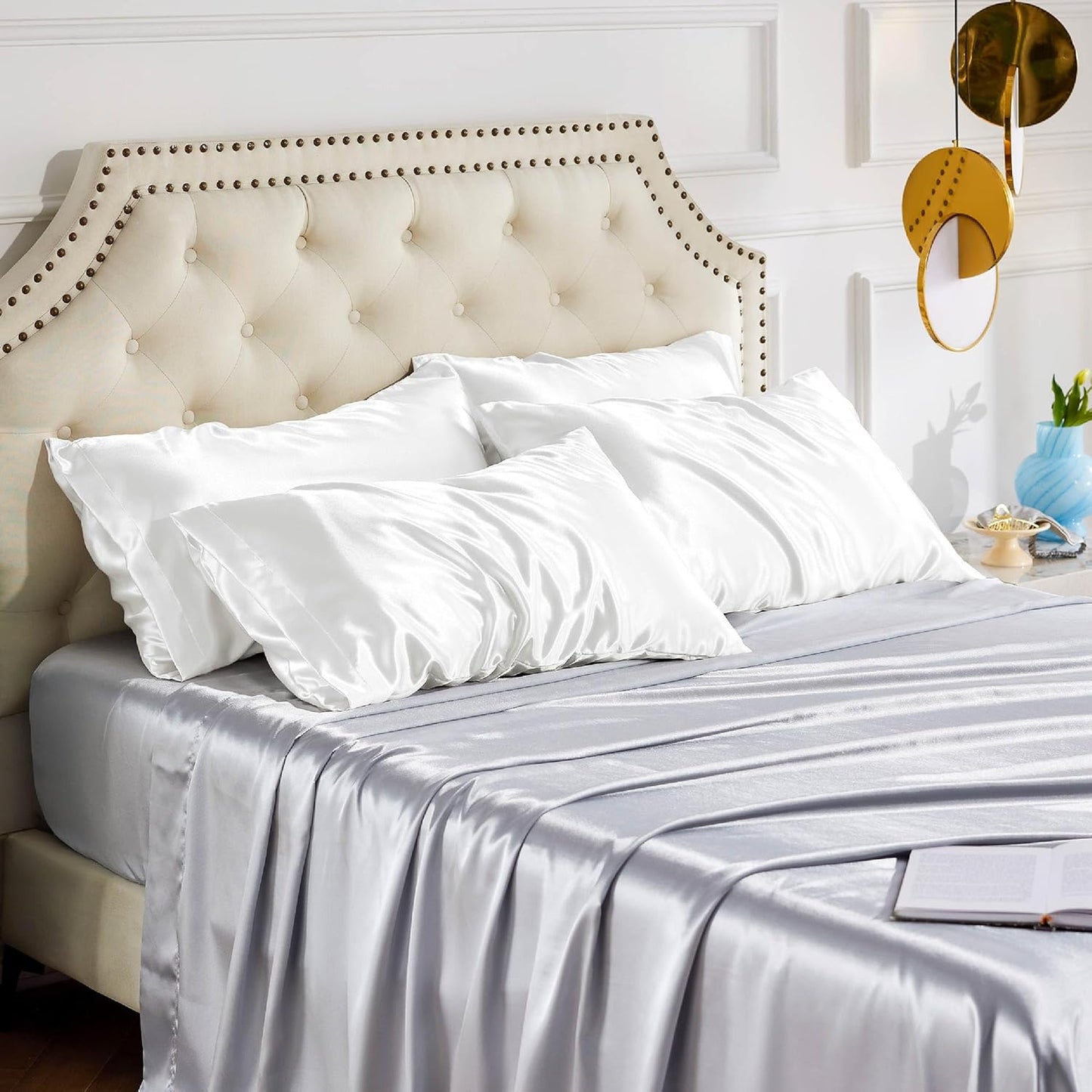 Bedsure Satin Pillowcase for Hair and Skin Queen - Pure White Silky Pillowcase Set of 4 with Envelope Closure, Similar to Silk Pillow Cases, Gifts for Women Men, 20x30 Inches