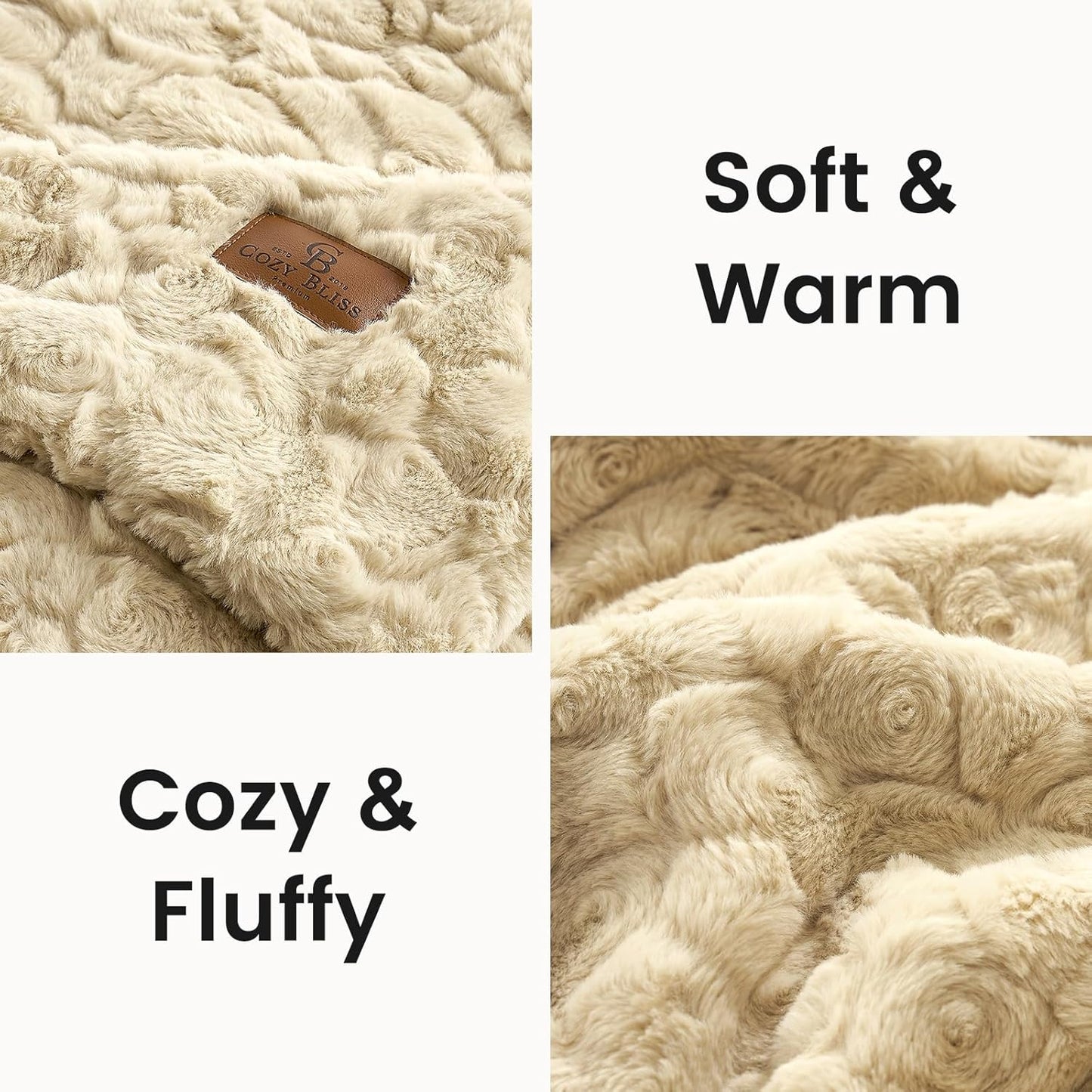 Cozy Bliss Faux Fur Throw Blanket for Couch, Fuzzy Soft Plush Thick Warm Fluffy Reversible Wave Textured Blanket for Sofa Bedroom Living Room, 55 * 70 Inches Khaki