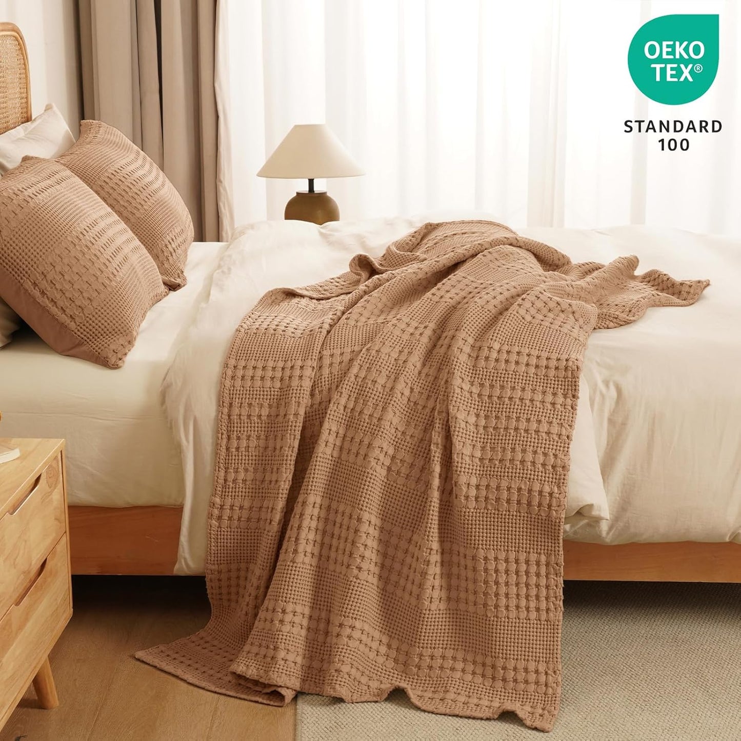 PHF 100% Cotton Waffle Weave Throw Blanket, Soft Lightweight Breathable Cozy Throws for Couch Bed Sofa, Luxury Aesthetic Woven Blanket for Home Decor & Office, 50"x60", Clay