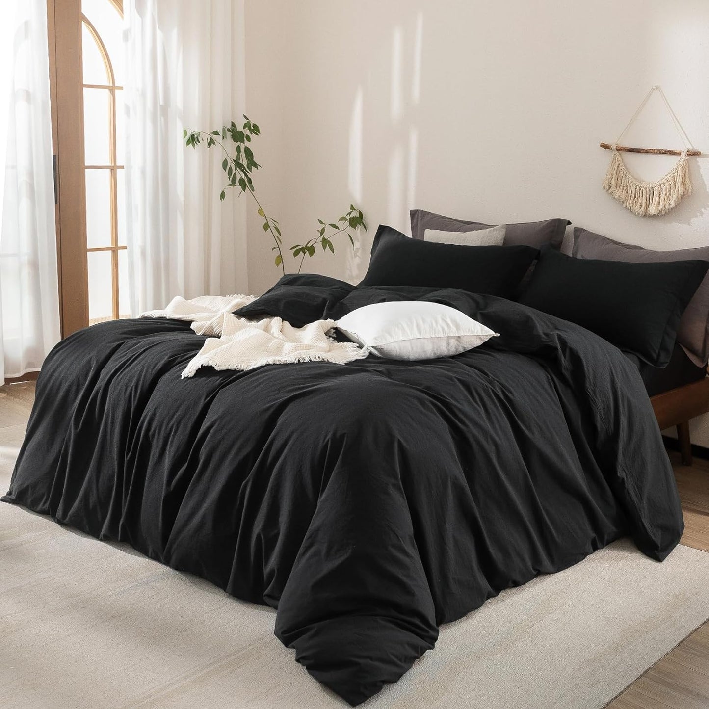 Black Duvet Cover Queen Size 100% Washed Cotton Bedding Set Cover 1 Duvet Cover with Zipper Closure and 2 Pillowcases, 90inch x 90inch