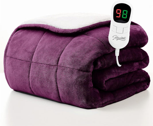 Homemate Heated Weighted Blanket for Adults - 62"x84" 15lbs Electric Throw Fast Heating Heavy Blanket 1/2/4/6/8 Hour Auto Off 10 Heat Levels Over-Heat Protection Soft Flannel Sherpa