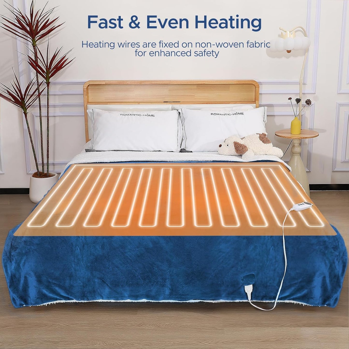 Electric Heated Blanket Throw 50"x60" - Soft Cozy Flannel & Sherpa Fabric Dual-Sided, 9 Heat Settings & 2-10 Hours Auto Off, Warming Heated Throw for Home Office, Machine Washable, Blue